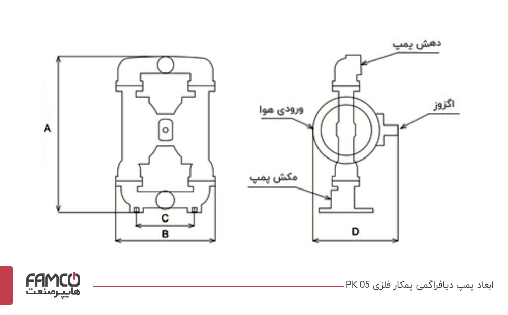 ابعاد پمپ دیافراگمی پمکار PK 05 بدنه فلزی