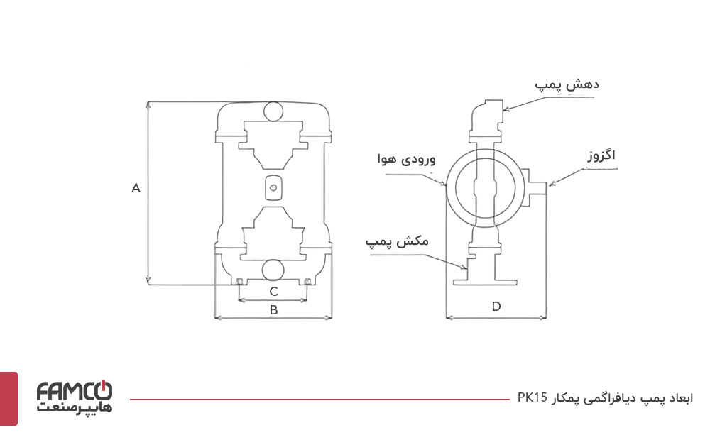 ابعاد پمپ دیافراگمی پمکار PK 15