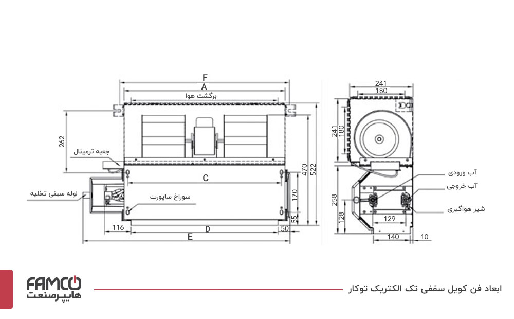 ابعاد فن کویل سقفی تک الکتریک